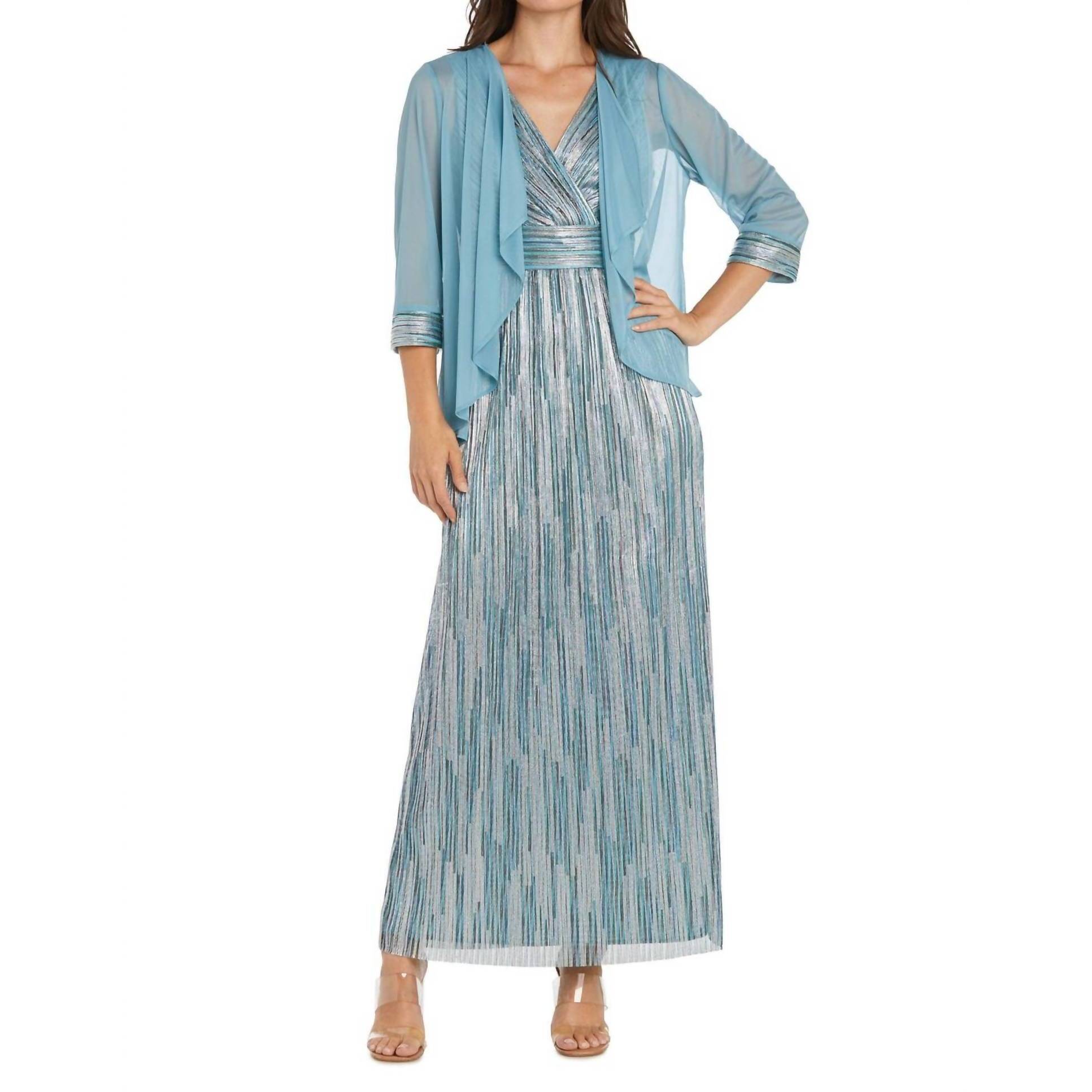 New R&M Richards Metallic Platter Dress With Removable Sheer-Sleeve Jacket Set I